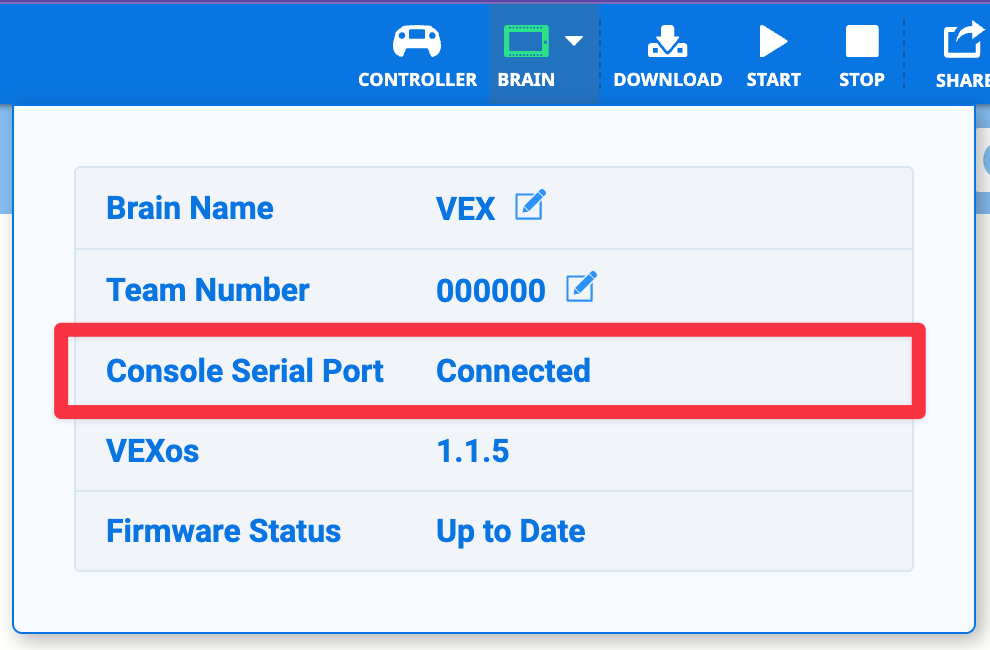 VEXcode V5 with the Brain dropdown menu opened and a Brain connected. The Console Serial Port status reads Connected and it is highlighted.