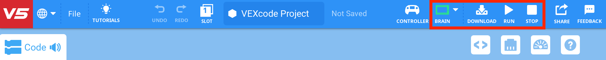 VEXcode V5 Toolbar with a green Brain icon highlighted in a red box with the adjacent Download, Run, and Stop icons.