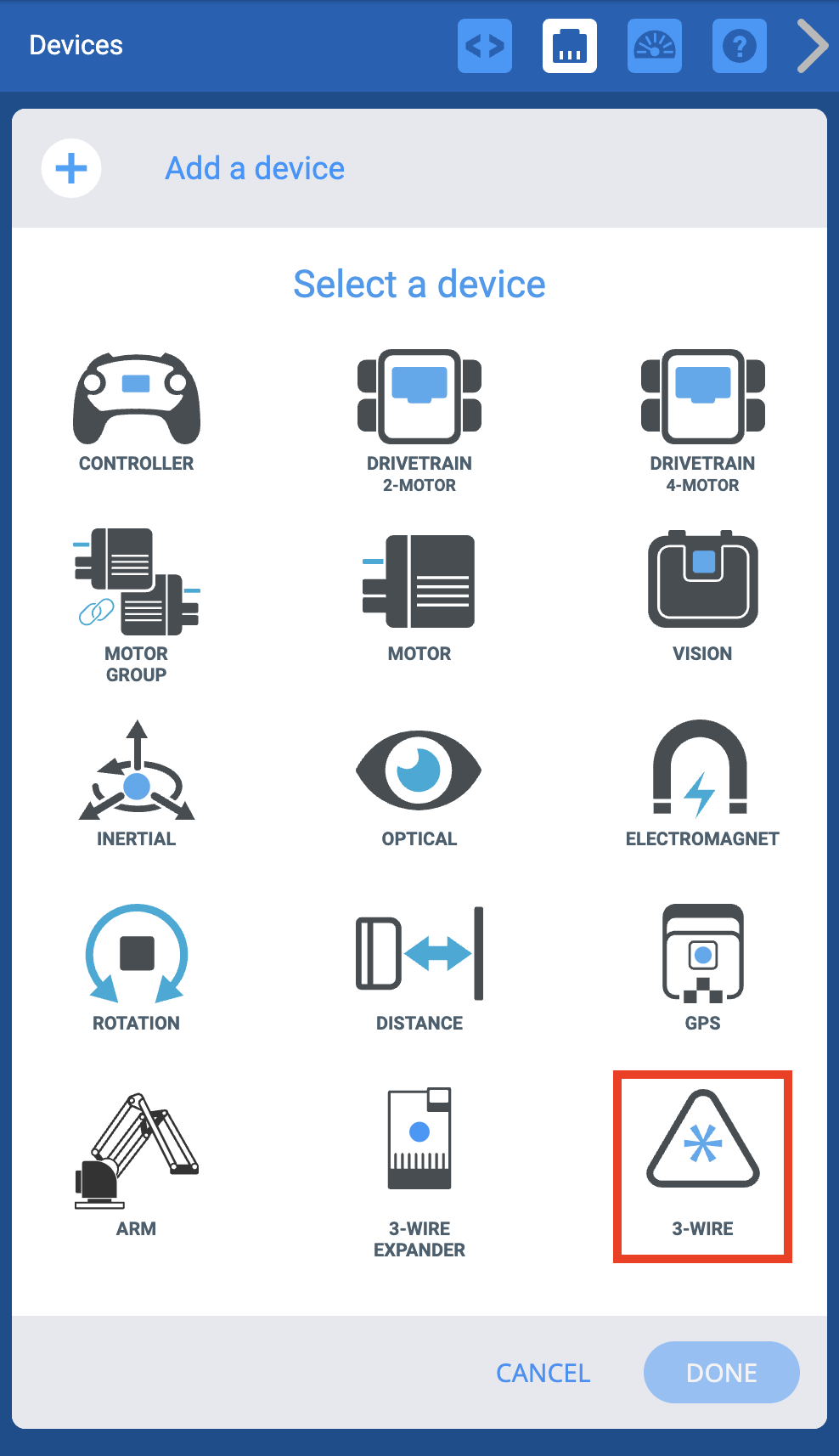VEXcode V5 Devices menu after the Add a device button has been selected. The 3 Wire option is highlighted.
