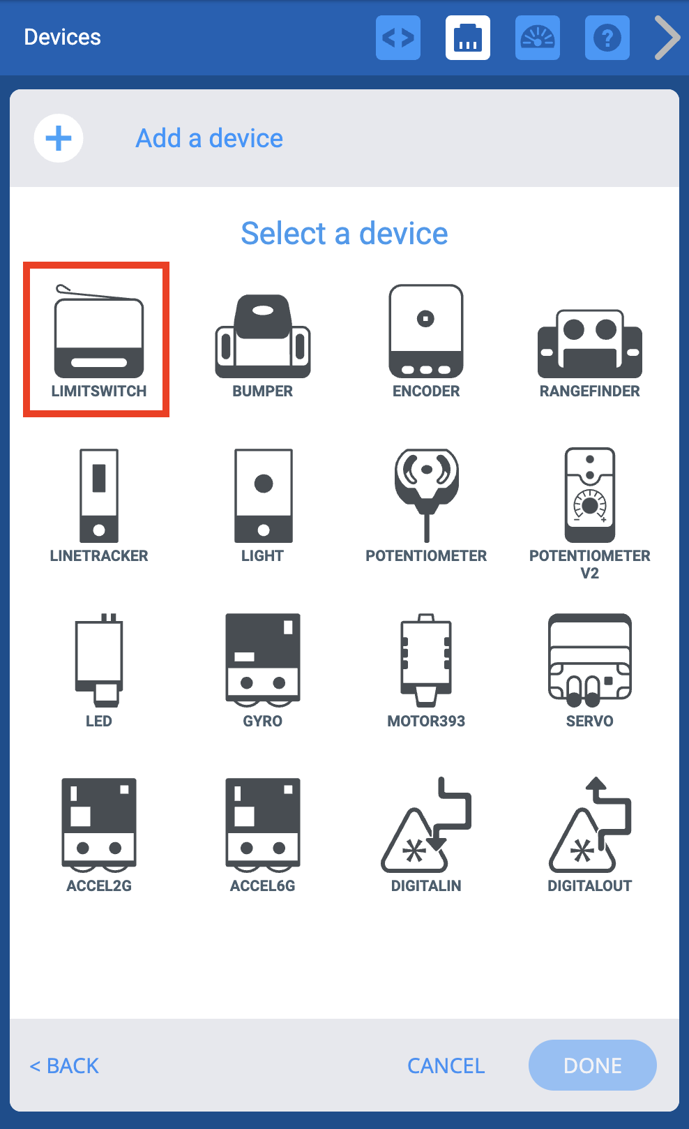 VEXcode V5 Devices menu after the 3 Wire device option has been selected. There is a menu of 3-Wire Devices shown, and the Limit Switch option is highlighted.