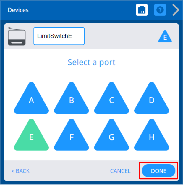 VEXcode V5 Devices menu after setting the new device's port to E. Below, the Done button is highlighted.