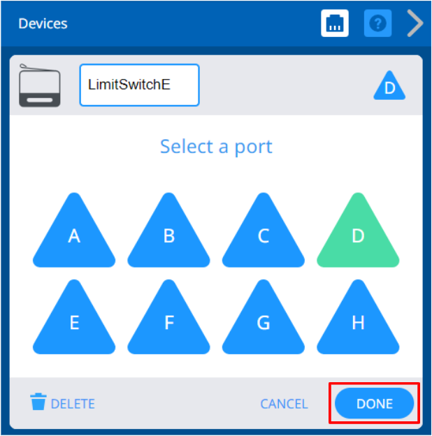 VEXcode V5 Devices menu after changing the device's port to D. The D port option is now colored green. Below, the Done button is highlighted.