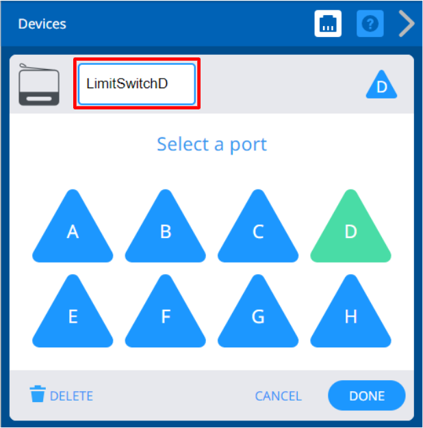 VEXcode V5 Devices window with the Limit Switch options shown. Above, the device's name is highlighted to indicate that it can be renamed.