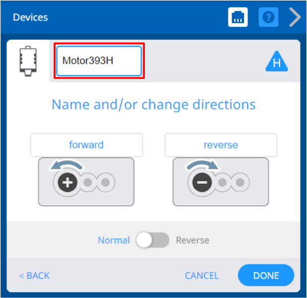 VEXcode V5 Devices window with the Motor 393 options shown. Above, the device's name is highlighted to indicate that it can be renamed.