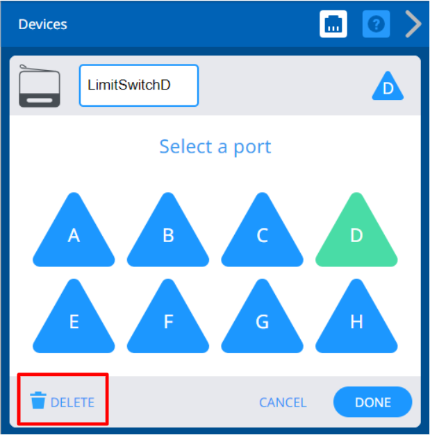 VEXcode V5 Devices window with the Limit Switch options shown. Below, the Delete button is highlighted.