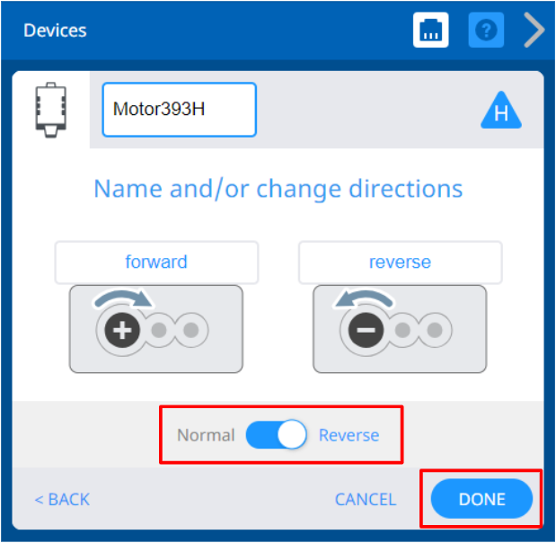 VEXcode V5 Devices window with the Motor 393 options shown. Below, the Reverse Motor option is selected and highlighted. This button can be used to reverse the Motor's spin direction.