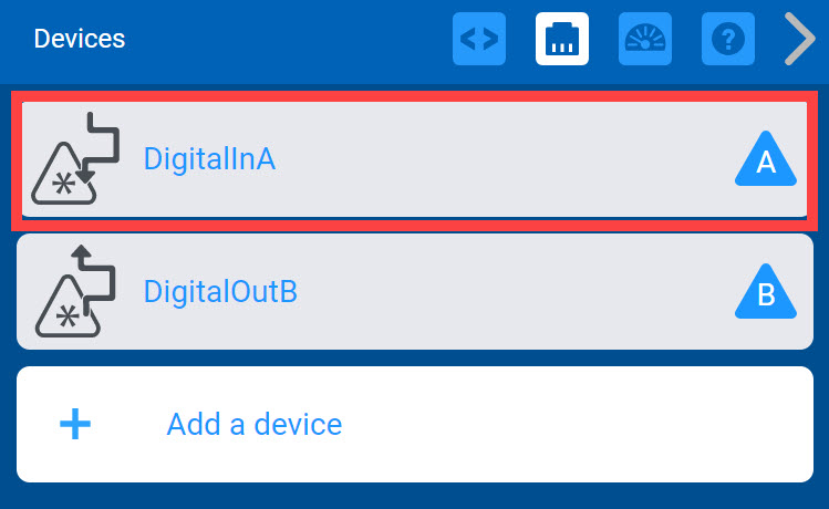 VEXcode V5 Devices menu with the previously added Digital In and Digital Out devices shown.