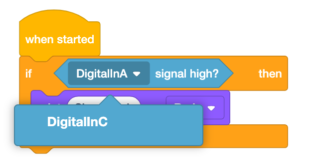 VEXcode V5 Digital in boolean block is shown with the device dropdown menu open. The Digital In's new device name is shown in the dropdown menu, and it reads DigitalInC.