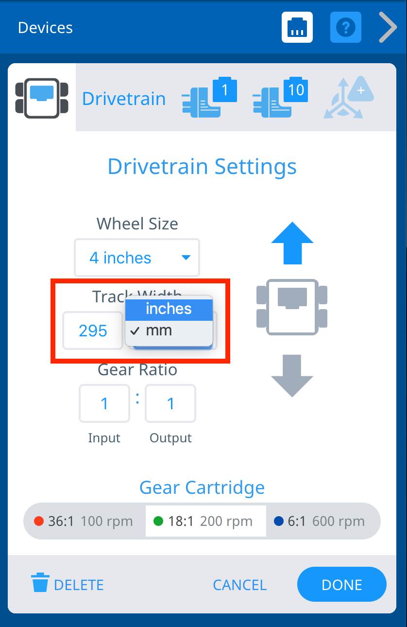 VEXcode V5 Devices window with the Drivetrain Settings menu shown. The Track Width options are highlighted, and the unit dropdown menu is opened to choose between inches and mm.