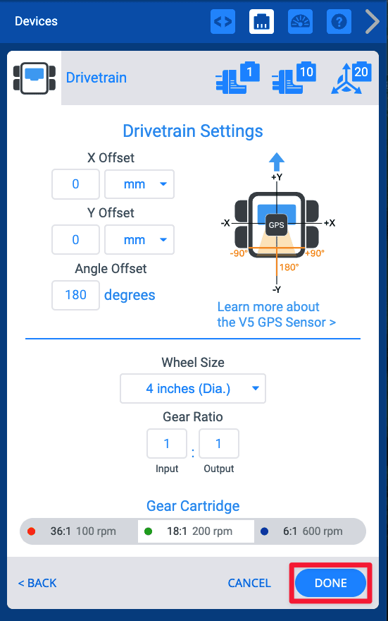 VEXcode V5 Devices menu with the Drivetrain Settings screen shown. Below, the Done button is highlighted.