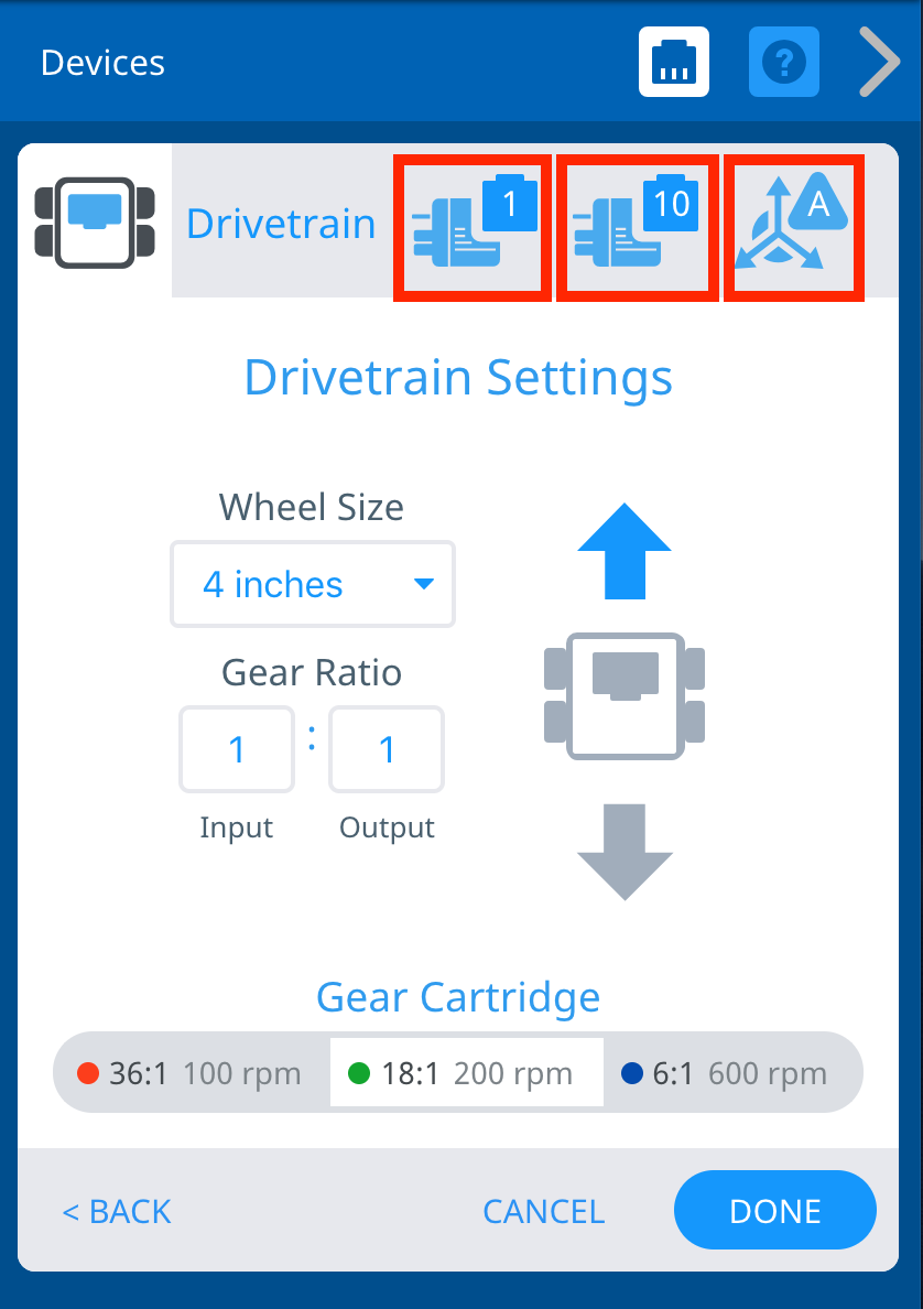 VEXcode V5 Devices window with the Drivetrain Settings menu shown. Above, the icons for the Left Motor, Right Motor, and Gyro Smart Ports are highlighted.