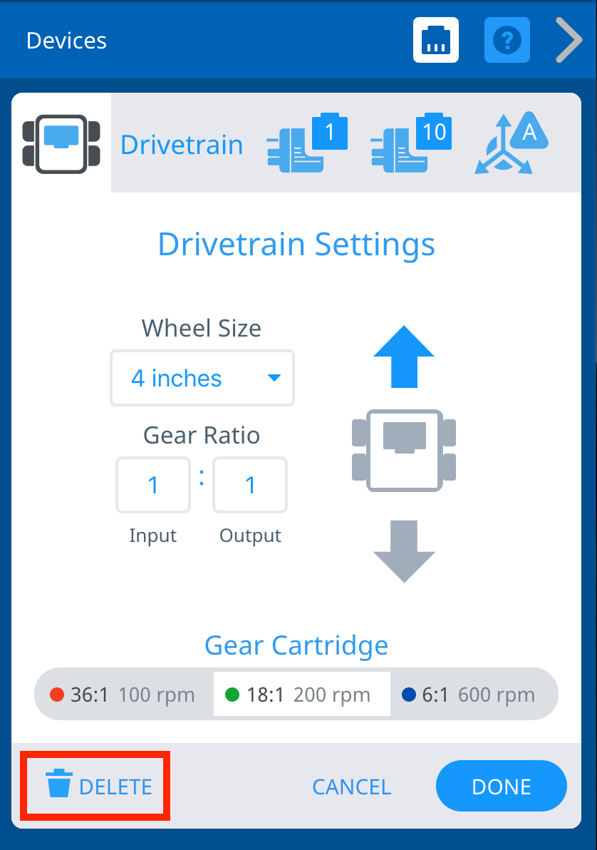 VEXcode V5 Devices window with the Drivetrain Settings menu shown. Below, the Delete button is highlighted.