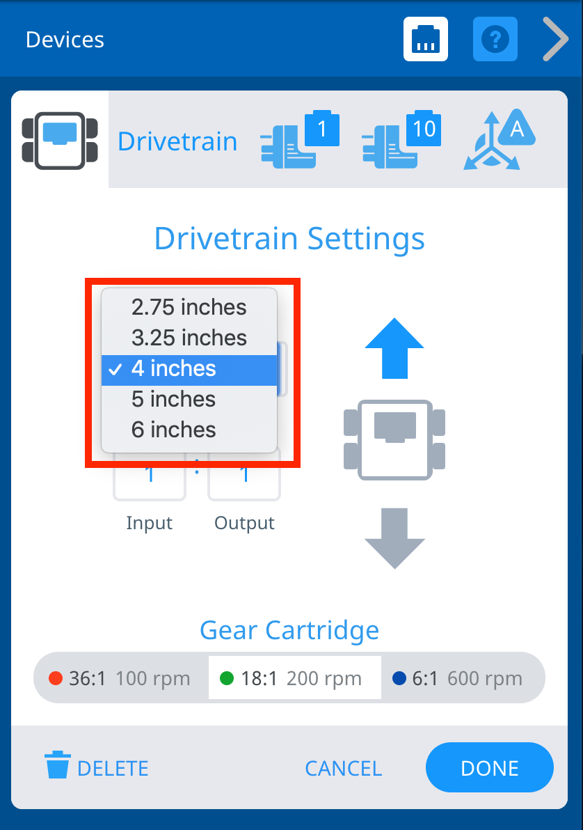 VEXcode V5 Devices window with the Drivetrain Settings menu shown. The Wheel Size dropdown menu is highlighted and opened, with options reading 2.75 inches, 3.25 inches, 4 inches, 5 inches, and 6 inches.