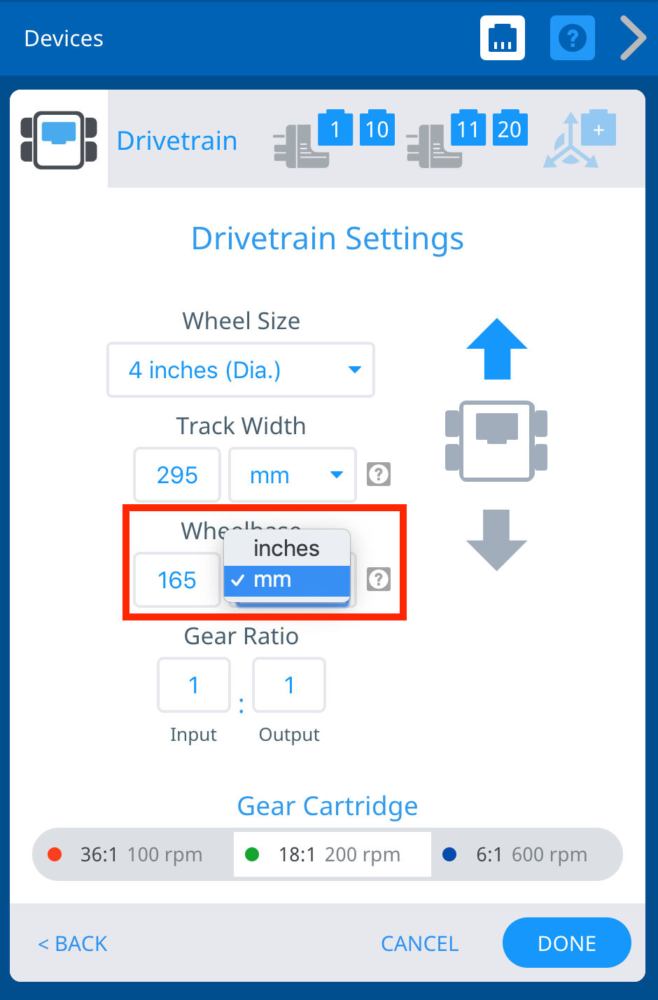 VEXcode V5 Devices window with the Drivetrain Settings menu shown. The Wheelbase options are highlighted, and the unit dropdown menu is opened to choose between inches and mm.