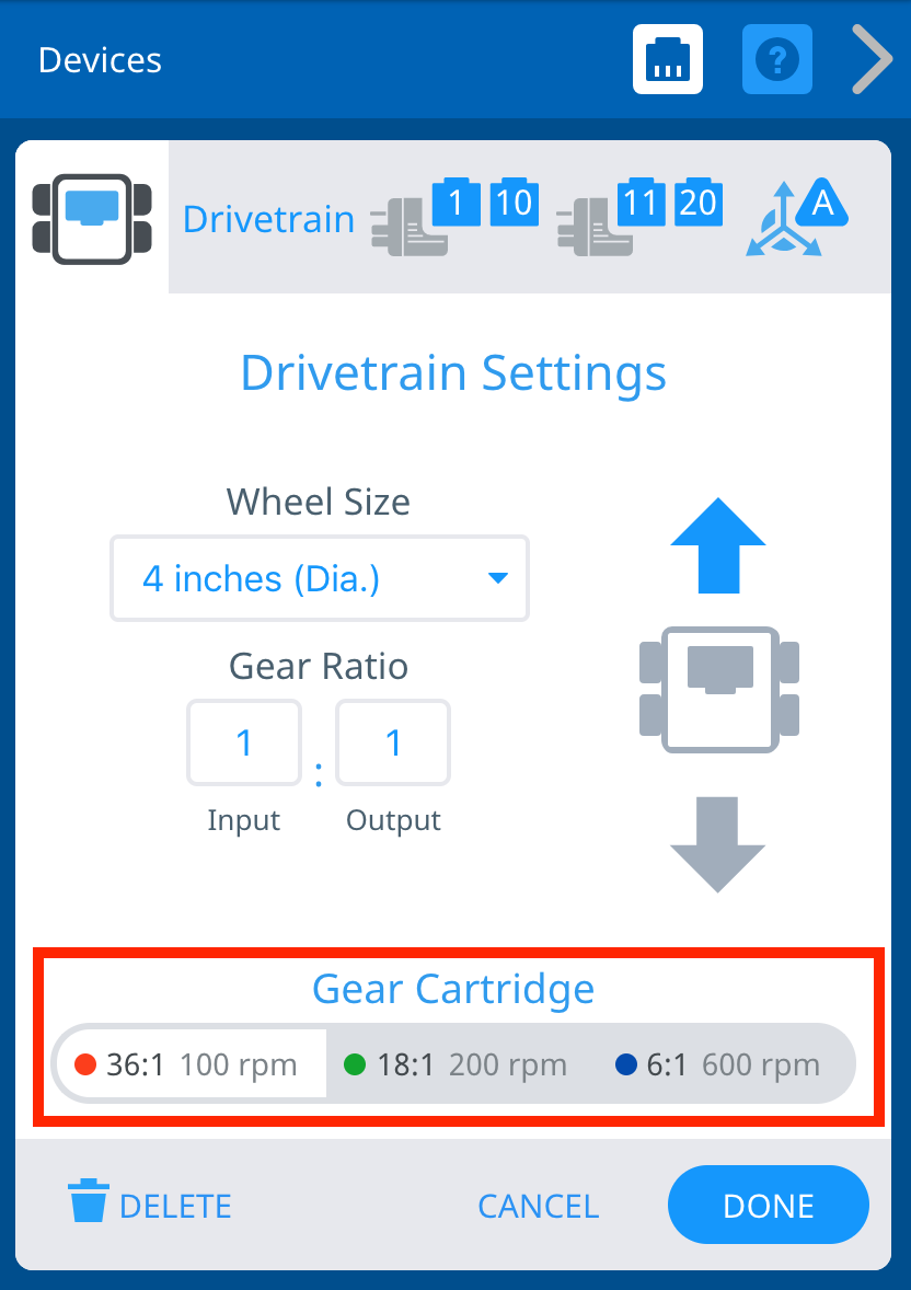 VEXcode V5 Devices window with the Drivetrain Settings menu shown. The Gear Cartridge options are highlighted, with options that read 36:1 100 rpm, 18:1 200 rpm, and 6:1 600 rpm.
