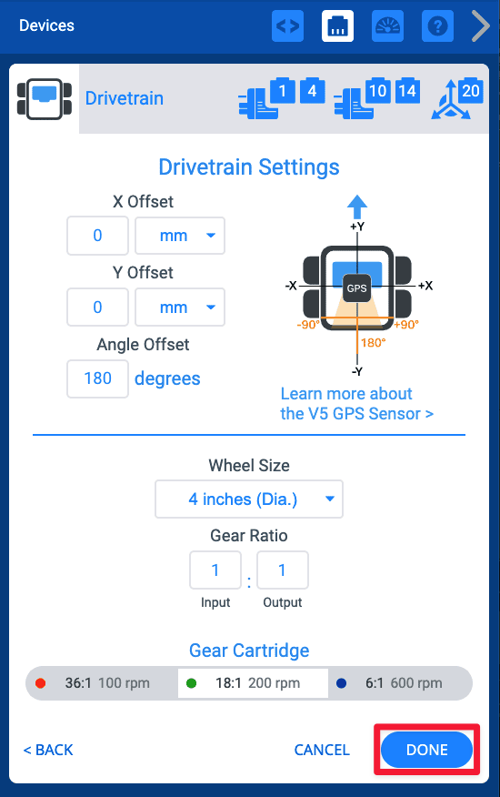 VEXcode V5 Devices menu with the Drivetrain Settings screen shown. Below, the Done button is highlighted.