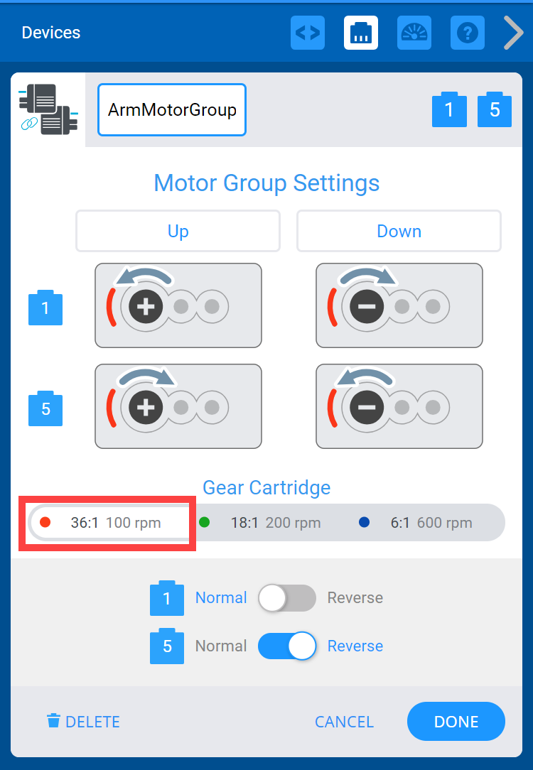 VEXcode V5 Devices window with the Motor Group Settings menu shown. The Gear Cartridge options are highlighted, with options that read 36:1 100 rpm, 18:1 200 rpm, and 6:1 600 rpm.