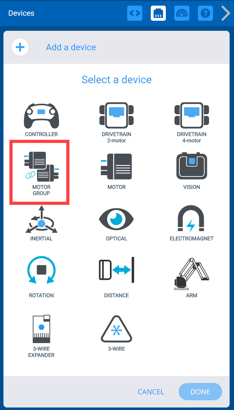 VEXcode V5 Devices menu after the Add a device button has been selected. The Motor Group option is highlighted.
