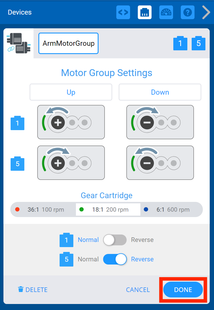 VEXcode V5 Devices window with the Motor Group Settings menu shown. Below, the Done button is highlighted.