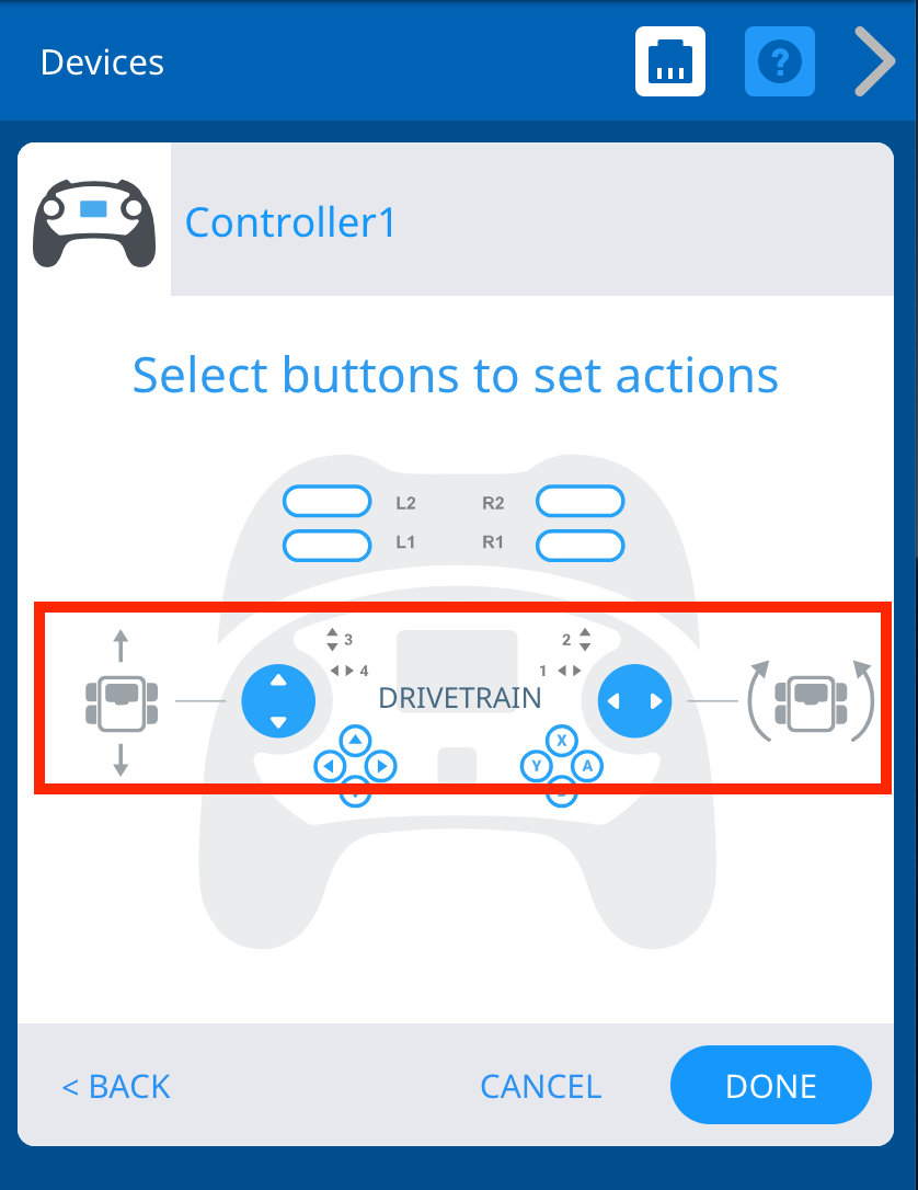 VEXcode V5 Devices menu with the Controller options shown. Icons indicates that both joysticks are controlling the Drivetrain using the Split Arcade control scheme.