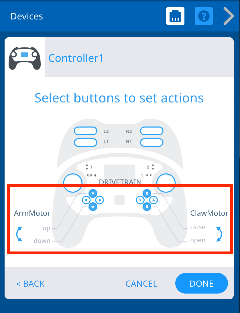 VEXcode V5 Devices menu with the Controller options shown. The two sets of buttons below the joysticks are highlighted, with the up and down arrow buttons connected to an Arm Motor Group and the X and B buttons connected to a Claw Motor Group.