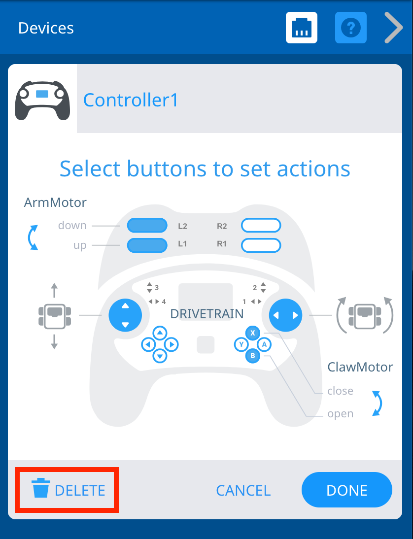 VEXcode V5 Devices menu with the Controller options shown. Below, the Delete button is highlighted.