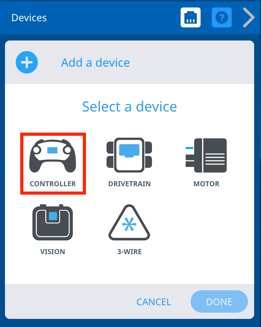 VEXcode V5 Devices menu after the Add a device button has been selected. The Controller option is highlighted.