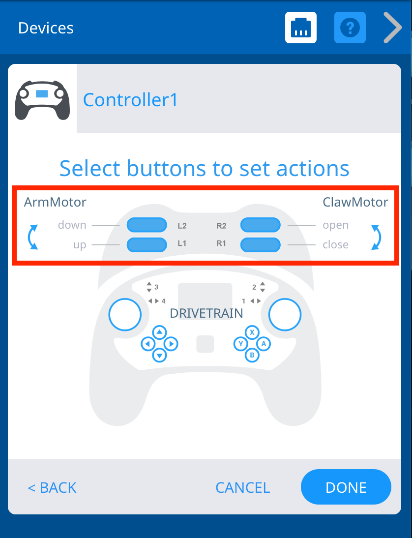 VEXcode V5 Devices menu with the Controller options shown. The left and right sets of buttons are highlighted, with the L and R axis buttons connected to an Arm Motor Group and a Claw Motor Group respectively.