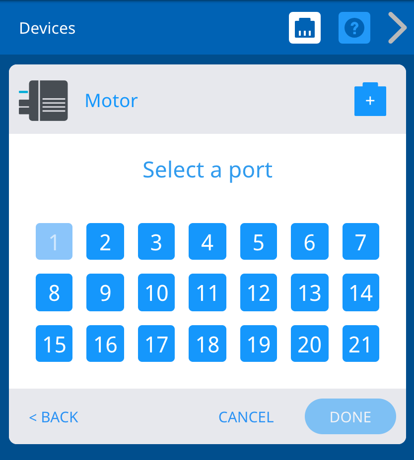 VEXcode V5 Devices menu showing the Smart Port options for the Smart Motor. In this example, the first Smart Port has been selected.