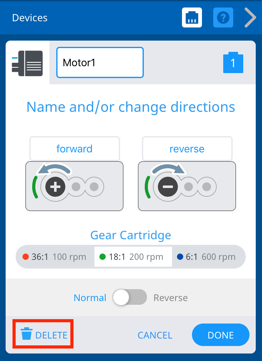 VEXcode V5 Devices window with the Motor options shown. Below, the Delete button is highlighted.