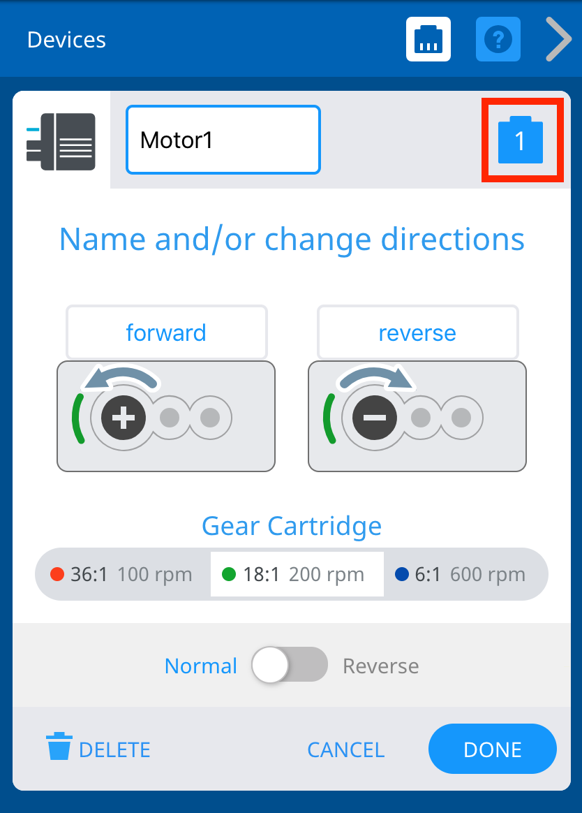 VEXcode V5 Devices window with the Motor options shown. Above, the icon of the Motor Port is highlighted.