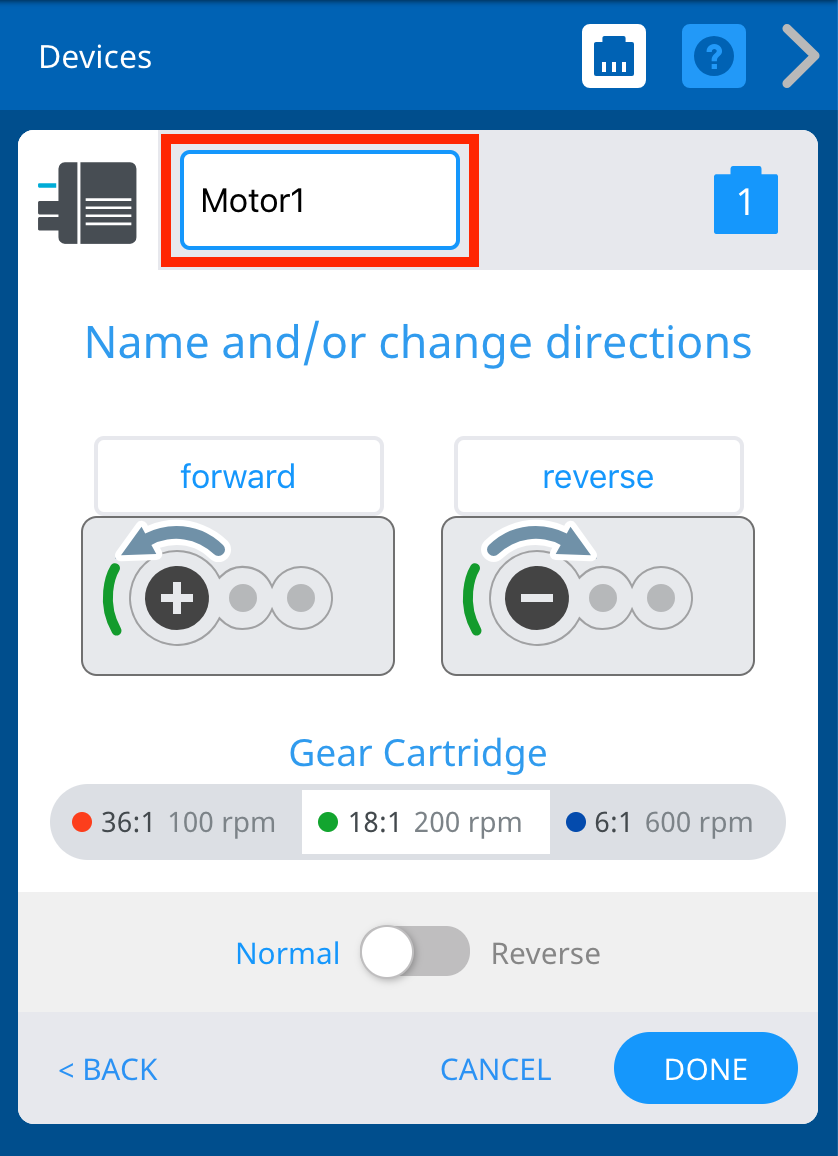 VEXcode V5 Devices window with the Motor options shown. Above, the Motor's name is highlighted to indicate that it can be renamed.
