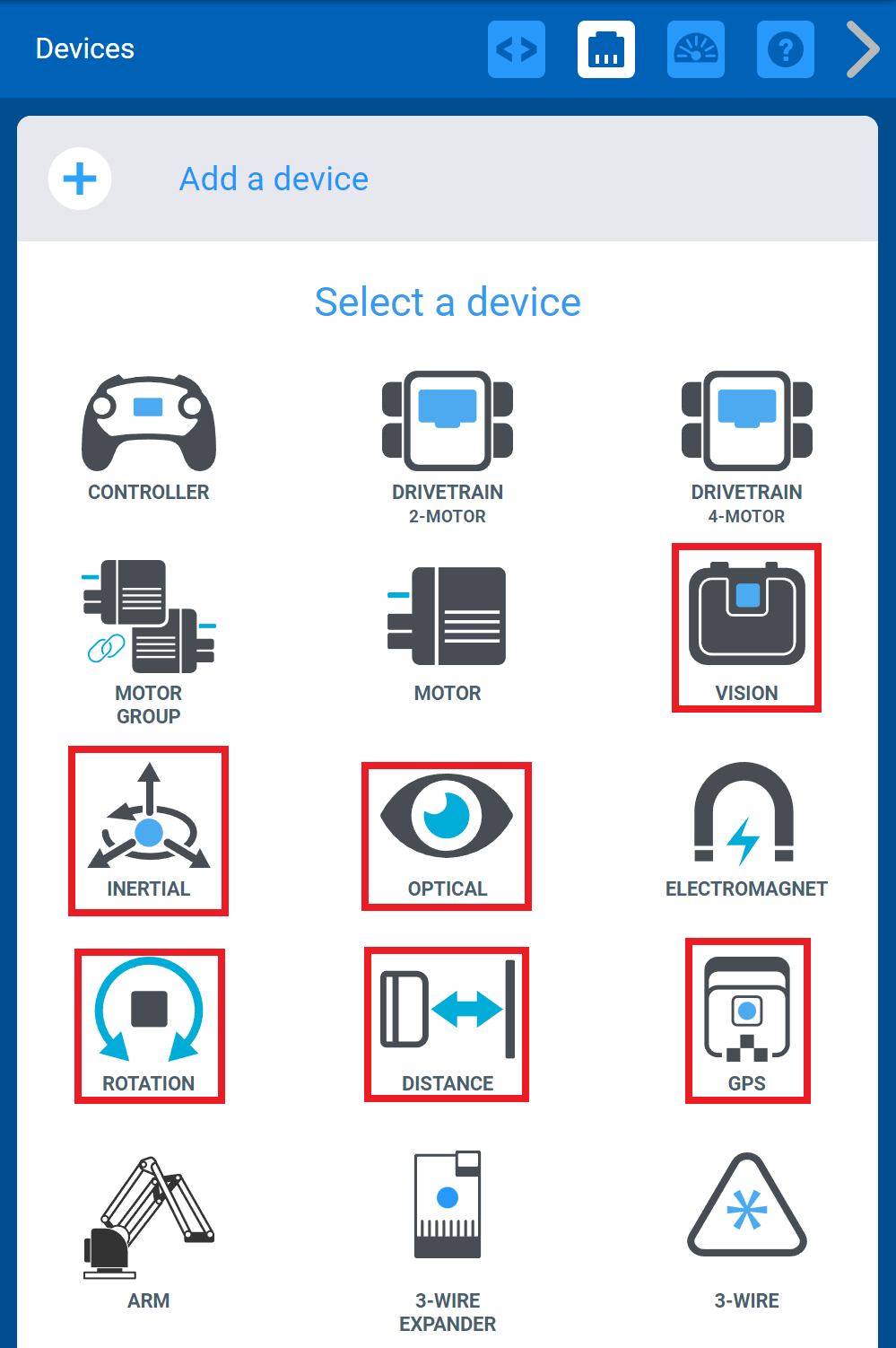 VEXcode V5 Devices menu after the Add a device button has been selected. All of the sensor options are highlighted.