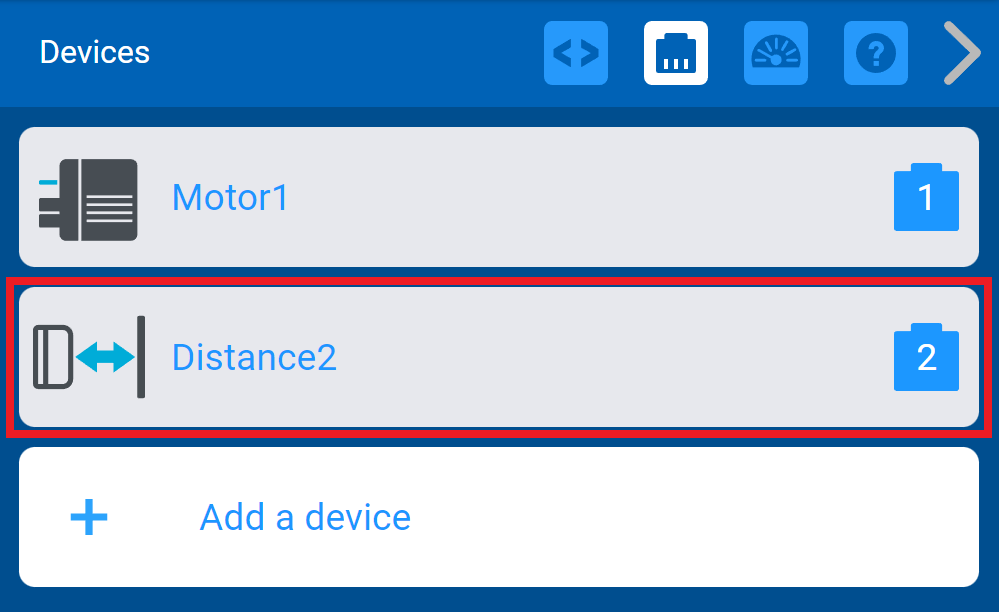 VEXcode V5 Devices menu with the previously added Distance sensor highlighted.