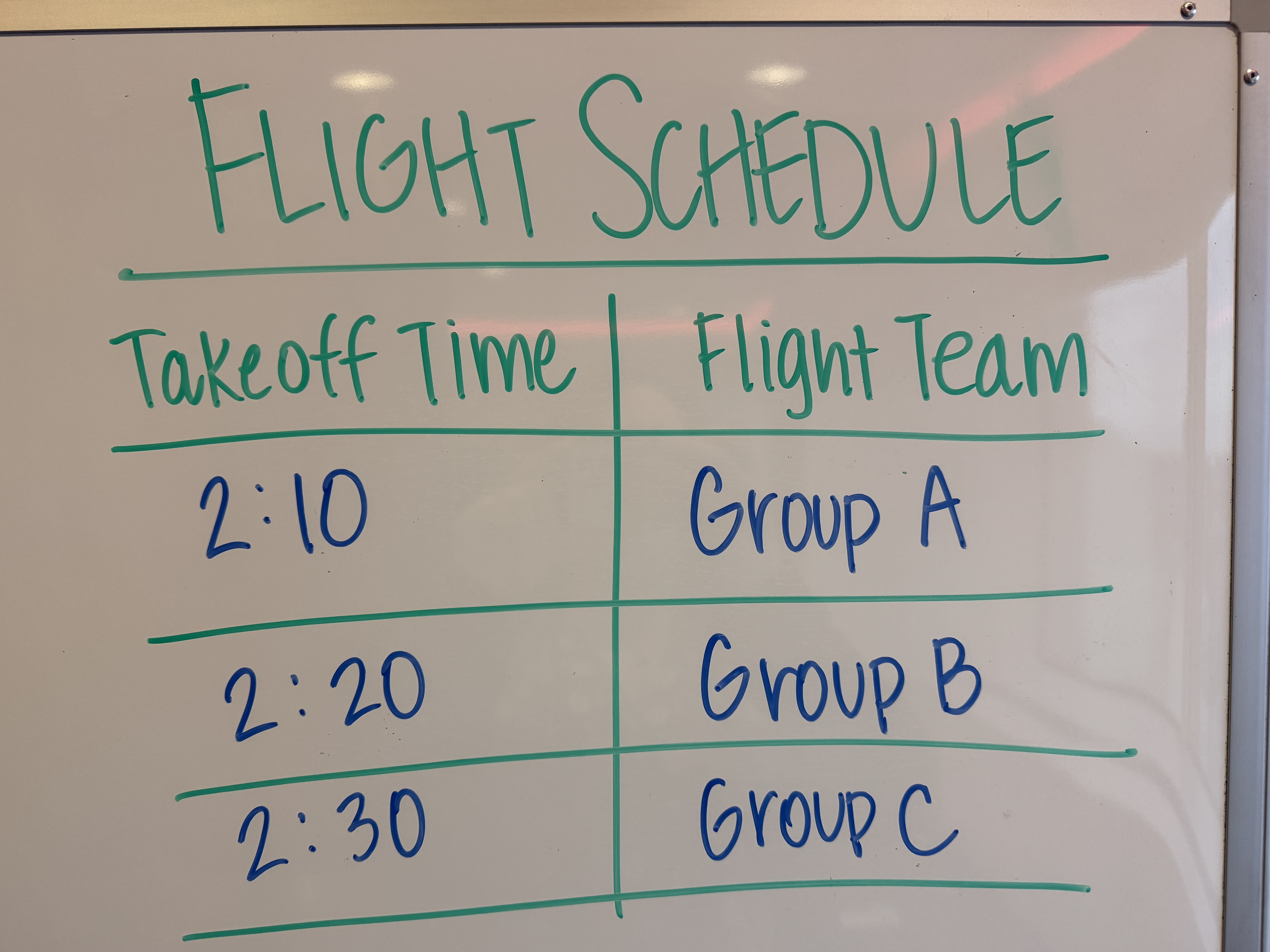 A photo of a handwritten flight schedule on a white board. The left column shows takeoff time and the right column is labeled flight team. Three rows read 2:10 - Group A, 2:20 - Group B, 2:30 Group C to give an example of a schedule.