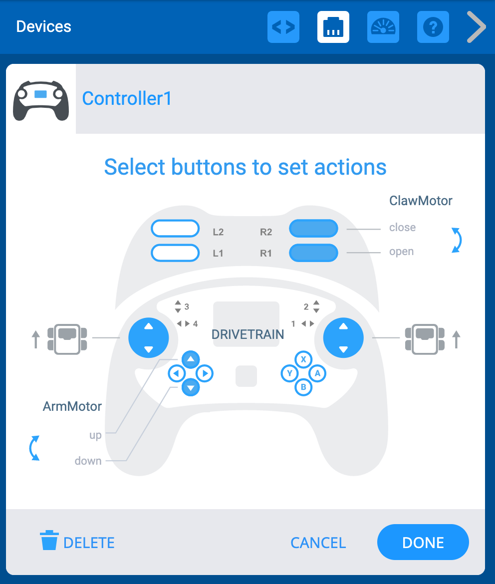 VEXcode V5 Devices menu with the Controller options shown. The diagram of button controls shows that the two joysticks drive the robot in a tank drive configuration. The Up and Down buttons control an ArmMotorGroup, and the R axis buttons control a ClawMotor.