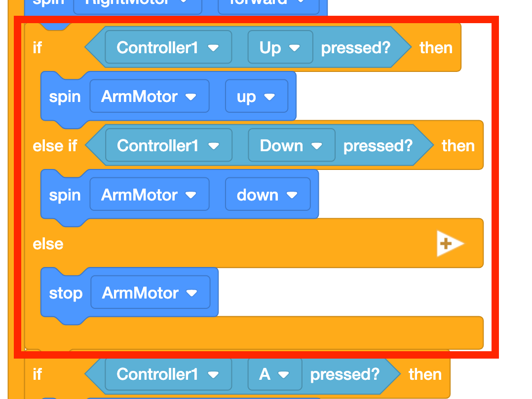Close up of the stack of blocks in the Option 2 VEXcode V5 project. An if, else if, else block is highlighted inside the stack's Forever loop. It reads if Controller1 Up pressed then spin ArmMotor up, else if Controller1 Down pressed then spin ArmMotor down, and else stop ArmMotor.