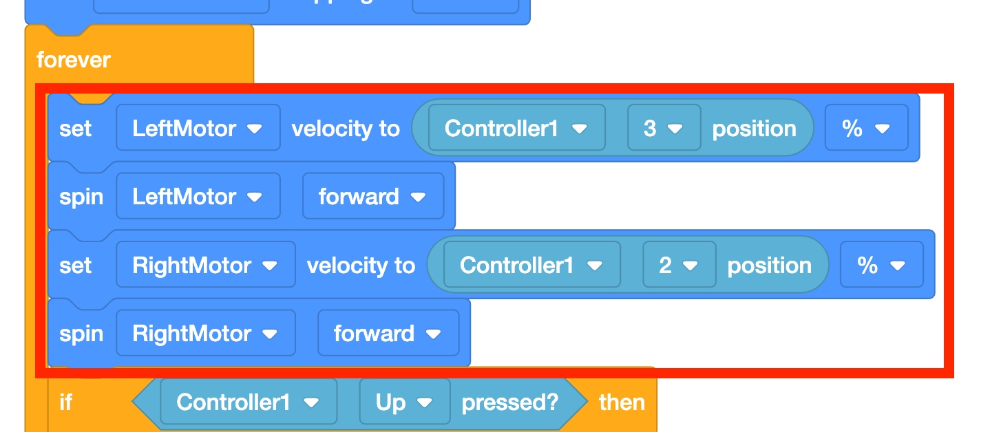 Close up of the stack of blocks in the Option 2 VEXcode V5 project. Four blocks are highlighted inside the stack's Forever loop. They read Forever, set LeftMotor velocity to Controller1 3 position %, spin LeftMotor forward, set RightMotor velocity to Controller1 2 position %, and spin RightMotor forward.