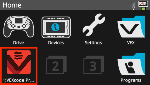 V5 Brain screen is shown in the Home menu with a user program named VEXcode Project highlighted.