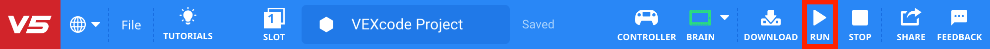 VEXcode V5 Toolbar with the Run icon highlighted in between the Download and Stop icons.