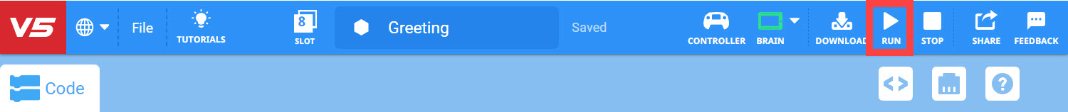 VEXcode V5 Toolbar with the Run icon highlighted in between the Download and Stop icons.