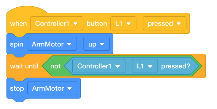 VEXcode V5 blocks project that spins an Arm Motor up while the Controller's L1 button is pressed. The project reads When Controller1 button L1 pressed spin ArmMotor up, wait until not Controller1 L1 pressed, and then stop ArmMotor.