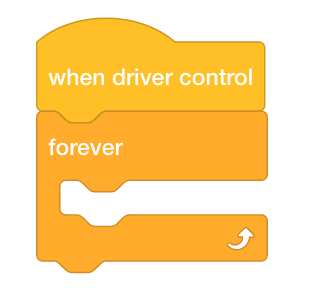 VEXcode V5 blocks stack that reads When driver control, forever. The forever C block is empty in this example.