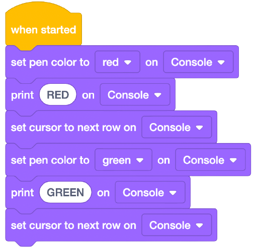 VEXcode V5 Blocks project that uses Set pen color blocks to print in different colors. The project reads When started, set pen color to red on Console, print RED on Console, and then set cursor to next row on Console. Next, set pen color to green on Console, print GREEN on Console, and then set cursor to next row on Console.