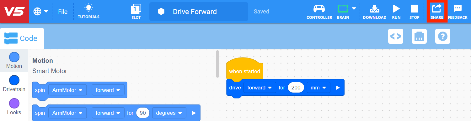 VEXcode V5 Toolbar with the Share icon highlighted in between the Stop and Feedback icons. A blocks project is shown in the Workspace below with a stack that reads When started, drive forward for 200 mm. The project name is set to Drive Forward.