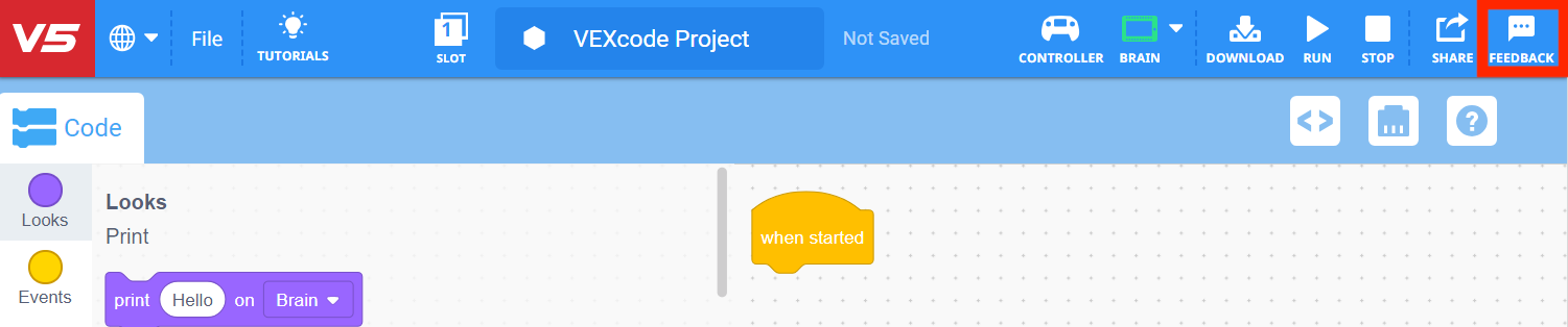 VEXcode V5 Toolbar with the Feedback icon highlighted to the right of the Share icon.