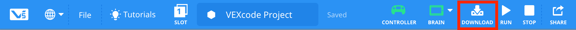 VEXcode V5 Toolbar with the Download icon highlighted in between the Brain and Run icons.
