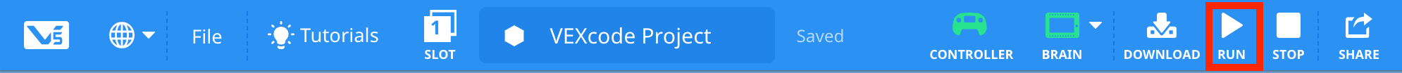 VEXcode V5 Toolbar with the Run icon highlighted in between the Download and Stop icons.