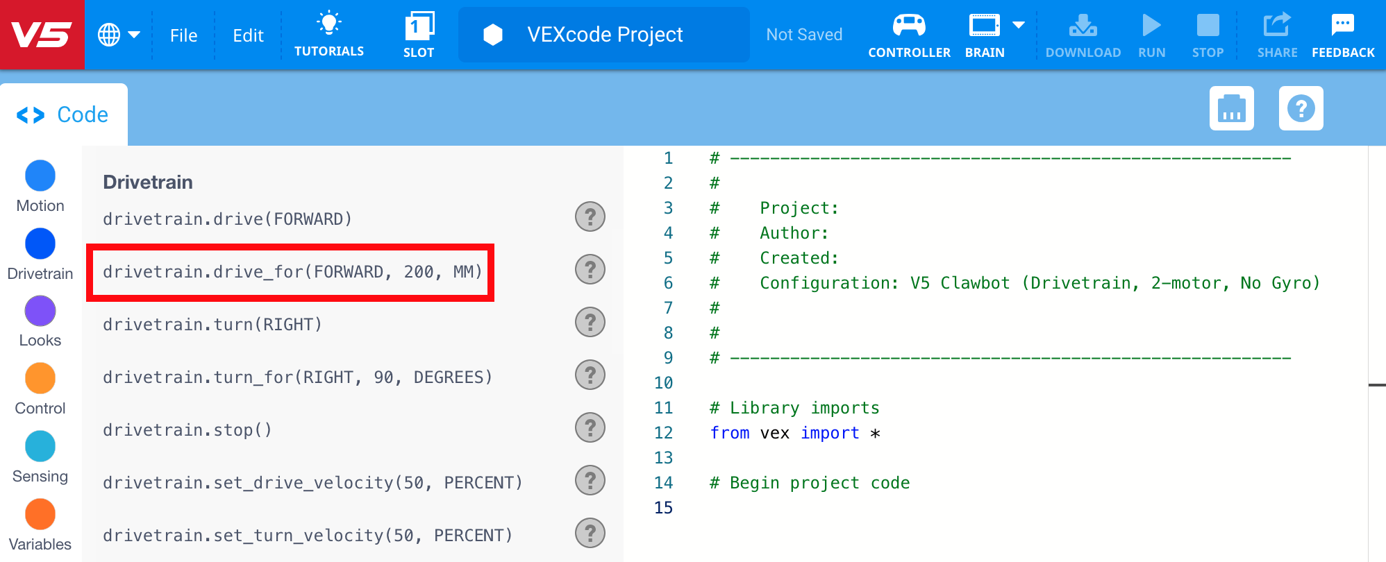 VEXcode V5 with the Drive for command highlighted in the Python Toolbox.