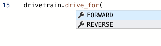 VEXcode V5 Python Workspace with a dropdown menu of suggested commands. The command drivetrain.drive_for has been typed with a leading perenthesis, and parameters for that function are available in the menu. The first parameter option reads forward.